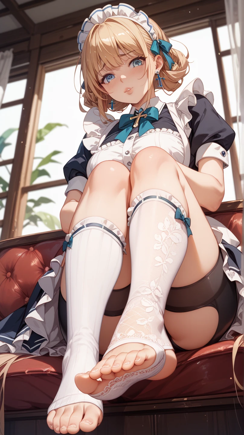 (((Horse Girl))), (((Fine Motion))), Thighs, sitting on a luxurious red sofa, (((Panties are slightly visible))), smile, Dress like a young lady, (((Sexy panties with green embroidery))), High resolution, Spreading legs,