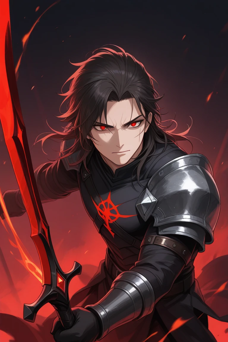 Solo-man, tall man, muscular, long messy black hair, red eyes, serious face, black plate armor, black cloak