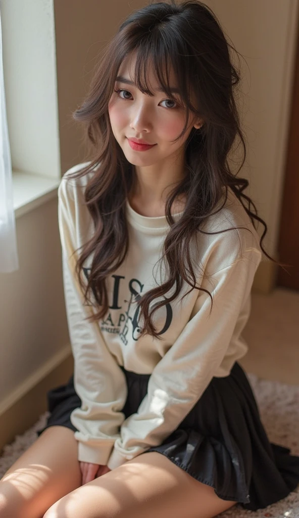 Girl, long wavy brown-blonde hair, brown eyes, sharp features, white skin, long-sleeved t-shirt and pants style, Gucci bag
