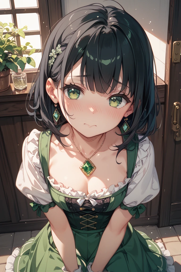ultra-quality, ultla highres, Hyper Detailed, High contrast, Ultrafine Strike, creative refinement,A dark-haired,Green lingerie,ssmile,Green corset,Green Garter Belt,Show Pub,5 fingers on hand