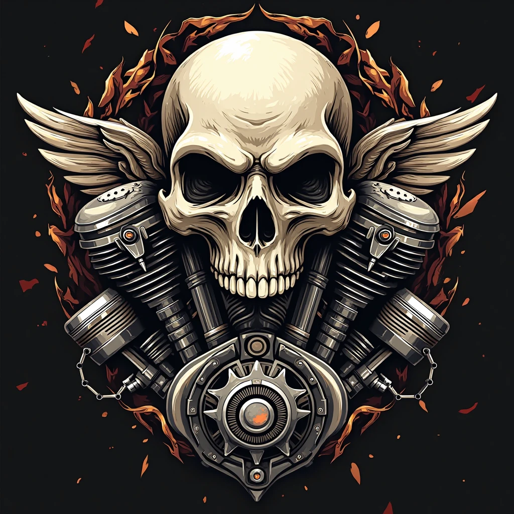 Harley-Davidson motorcycle club logo with engine and skull with wings old school style with the name iron horse with woman