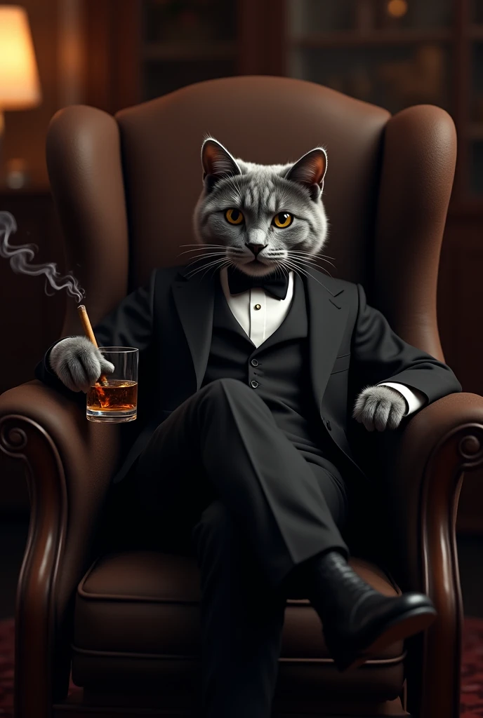 Mafia cat smoking a cigar sitting at the bar,