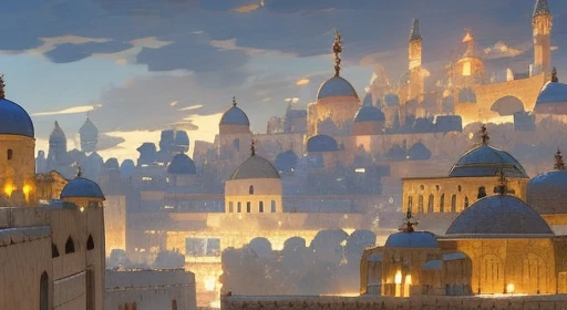 "Vibrant and lively scene depicting a sprawling medieval Islamic cityscape."