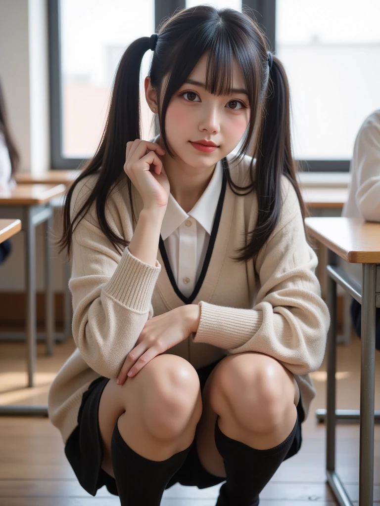 Highest quality、Junior high school girl、Big Breasts、Grey turtleneck、Denim shorts、Black knee socks、Sit at a desk、Knee Up、Spread your legs、Embarrassed expression