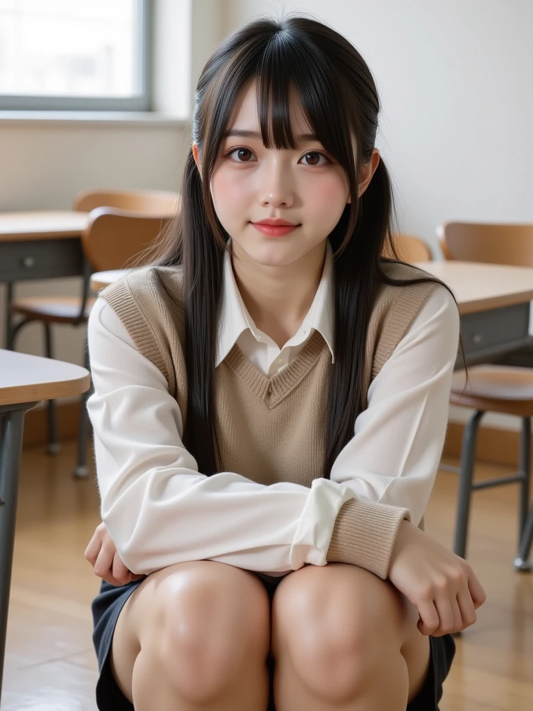Sit in a study chair,15 years old,(loli:1.0),elementary student、young,(Plaid pleated skirt),flat breast,Pupils,teens girl,A dark-haired,delicate and body,in a my house、frontage、Looking here、full bodyesbian、white socky room,bed,desk,chair,book,pc、( light smile:1.0),(skinny:1.2),beautiful girl,akb48,nogizaka46,(short twintails:1.1),,(full-face blush:1.5),,open legs,kneel up,(fullnude:1.0),(show pussy:1.0