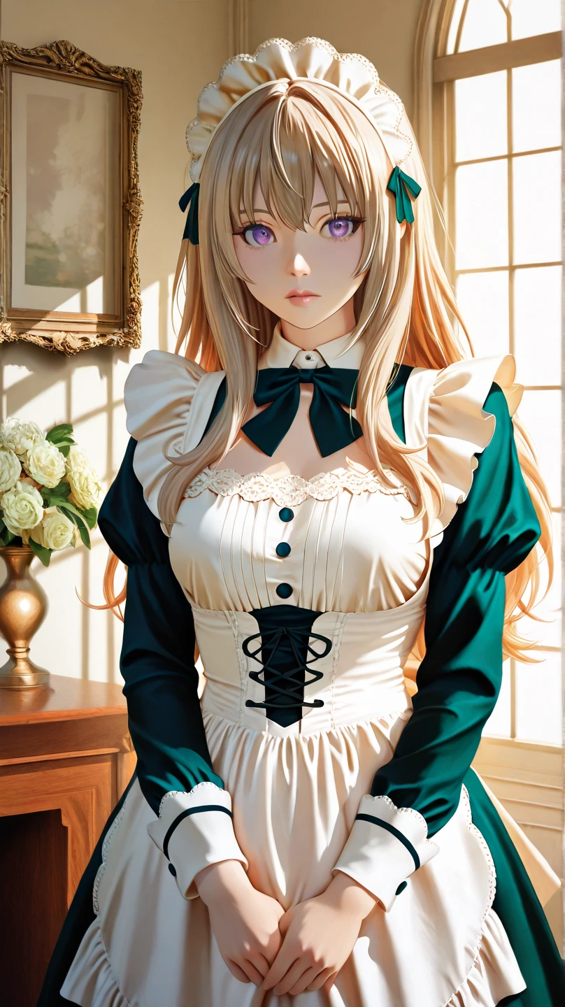 Fuwa Aika from Zetsuen no tempest maid with long, light brown hair and large purple eyes, standing gracefully indoors in front of tall glass doors with soft daylight streaming in. She wears a classic French maid outfit in a deep green and white color scheme, featuring a corset-style bodice with gold eyelets, a lace-trimmed white bust, puffy long sleeves, and a white apron. The maid has a gentle, innocent expression, with her hands softly placed near her collar, accentuating the bow tie. The background shows elegant interior decor with soft beige wallpaper and wooden frames, creating a refined, peaceful atmosphere. Ultra-detailed, photorealistic anime rendering, soft lighting, studio-quality image."