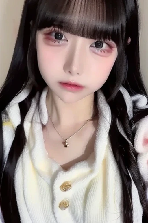 There is a woman with rabbit ears on her head., Beldelfinn, She has black hair with bangs, Real life anime girls, 白Hime cutヘアスタイル, Melanie Martinez, Hime cut, Ishida Sui with black hair, 黒Hime cutヘア, black hair and White bangs, With index finger, Cat-eared girl, White bangs, anime ears