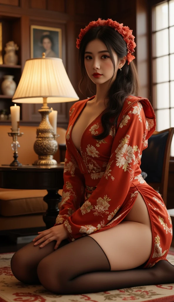 A girl with long hair, wearing tightly dress, high heel, standing beside the window, Staring view, red shirt, white panties, Artstation,. 4k. Digital art.