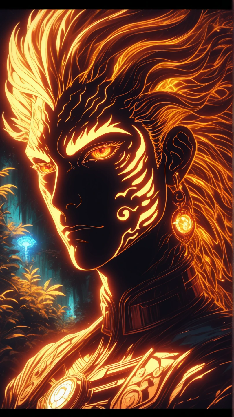 (hybrid,  colorful sketch , vibrant colors, Ultra-detailed), hybrid de Homem com Dragão, Athletic body with red wings, Create an ethereal portrait of a mystical forest Dragon,  embodying the spirit of a creature from Final Fantasy . (The Dragon is portrayed with a shimmering red and yellowish striped scale, casting an enigmatic glow in the faint light of a moonlit forest. Her eyes are a vivid, haunting emerald yellow,  transmitting wisdom and an indomitable ferocity .  The surrounding environment is an exuberant , Fantastic , com imponente, twisted trees and slightly shiny mushrooms Hovering the forest floor. The shape of the Dragon is majestic and surreal,  integrating perfectly with the dreamlike environment .)  in the style of Yoshitaka Amano ,  employing elements of dark fantasy art ,  capturing an artistic and mysterious atmosphere . The composition must counterbalance the Dragon's imposing presence with the intricate fantasy forest,  using delicate , sinuous lines and a play of light and shadow to enhance the supernatural atmosphere.  The atmosphere must be one of reverence and wonder ,  as if the spectator were finding an ancient ,  mythical guardian of the forest . retrofuturist, serious face, Reddish-orange pupils, anatomically correct, intricate details, depth of field, detailed background, excellent quality