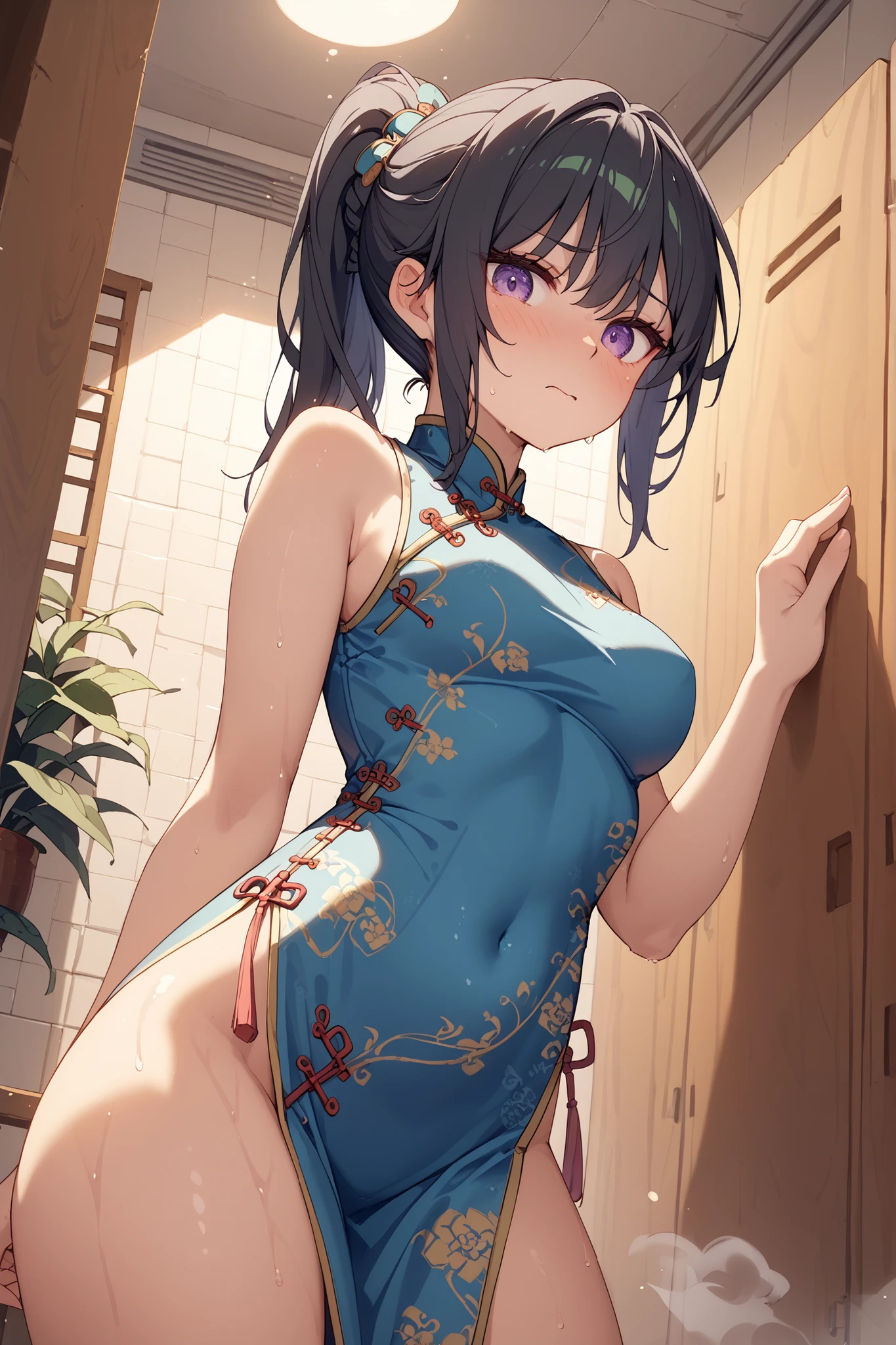 8K、open clothes、very embarrassed、ponytail、cheongsam dress、straight hair by dildos、deep green hair、steam、Light black hair、 pale purple eyes 、slightly sweaty、zipper down clothes、purple china dress、cheongsam dress、is stuffy、 low angle、cheongsam dress、、cover、evening、is stuffy、、sexy、 sigh、changing room against the wall、cheongsam dress、,