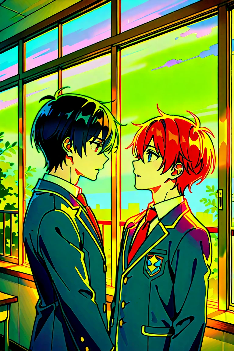 two males watching at each other from side perspective, the one on the back is staring at the other with an affectionate expression while the other is staring at the floor with unexpressive face. The background is red and it's a half-body