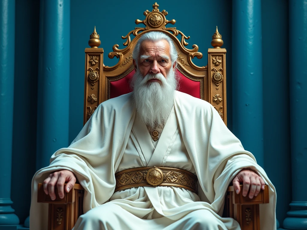 A handsome old man with a long hair medieval beard in a white robe sits on a large royal throne inside a dark castle. High arched open doorway and dramatic dark cloudy sky in the background. Hyper-realistic photography, gentle soft backlighting, real picture, cinematic style, realistic environment, low contrast, 32k, highly detailed, full scene, dark background, foreground scene.
