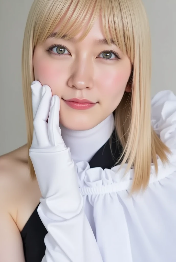 Full body, white hair, ((Dragoon: 1.2)), blunt head, masterpiece, best quality, official art, very detailed CG unity 8k wallpaper, 1 girl, super high resolution, (realism: 1.4), gold Slot Lighting, Sweater Dress, (Upper Body), (Baby Sal: 1), (Platinum Short Hair: 0.8), ((Puffy Eyes)), Looking at Viewer, Facing Front, Smiling, Laughing, Medium Breasts, Top, gloves, short hair,