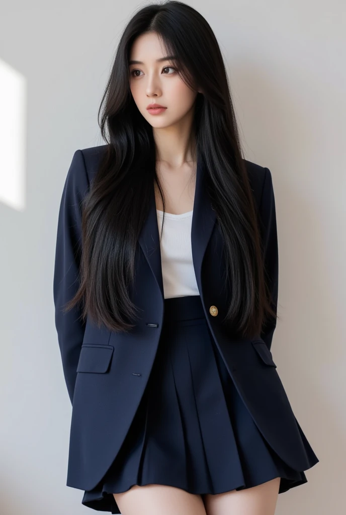 Girl wearing, luxury navy blue coat, shoulder length hair, wavy hair, glowing skin, star in eye, red lips, grey  background, cute poses 