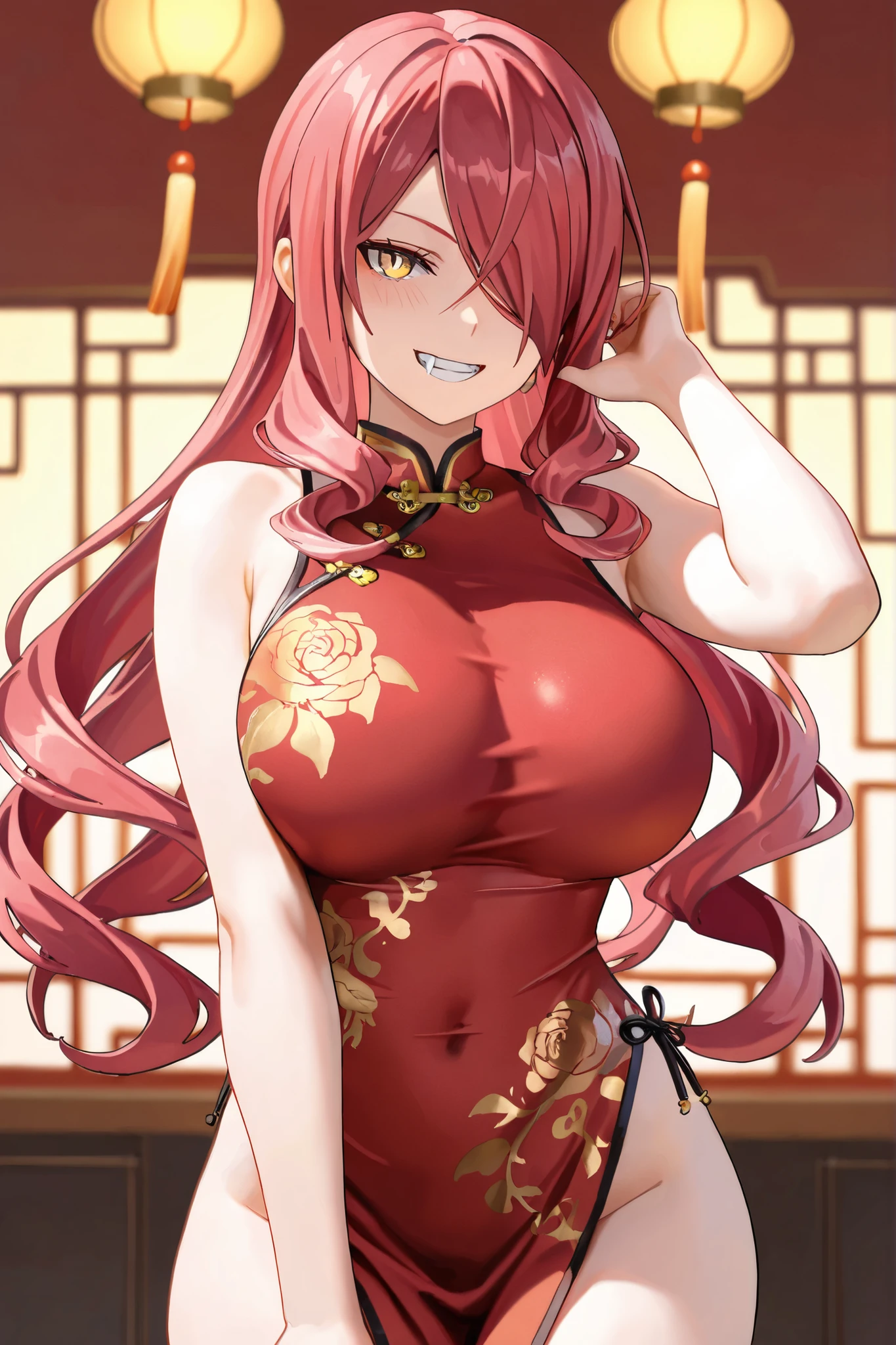 ((Highest quality, High resolution,  Pixel perfect,  4K)), (1 person),  (Beautiful Anime), 
Observe the audience, 
Perfect body, 

 Long Hair　,  Bright pink hair　、No bangs　、　Forehead　、　ponytail　、Super big breasts　、Erect nipples　、　Purple eyes　、　Detailed eyes、Let your hair down、

(blush),  Embarrassing　、Climax　、Please open your mouth slightly、Provocative look　、
(Chinese dress 1.2) 、　Cleavage　、　No bra　、
Cowboy Shot　、　first round　、noon　、　nsfw 、