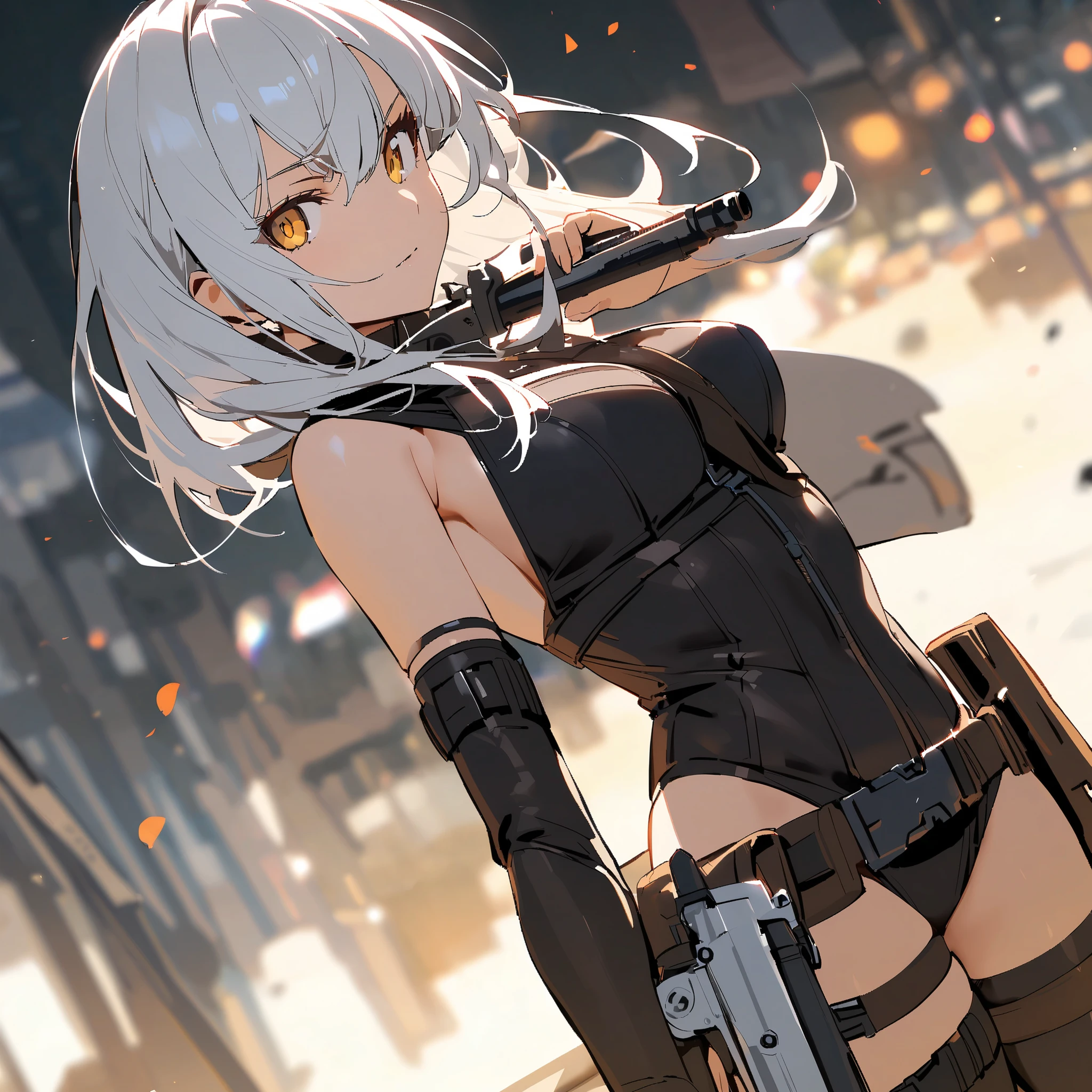 

a beautiful female assassin with golden eyes and white hair, she is holding a short gun