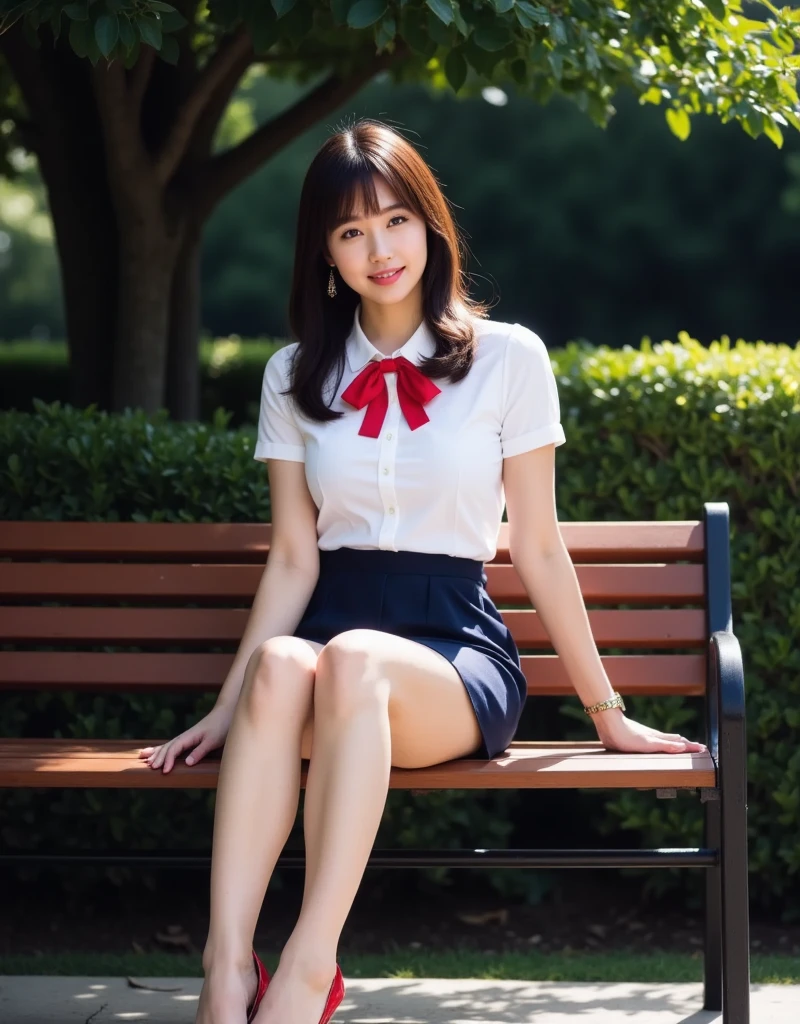 masterpiece , Highest quality , Very detailed , 8k , Cute Woman , One girl , blouse , bangs , smile , White teeth , Symmetrical eyes, 半袖blouse、mini skirt、Red Heels、Summer daytime、Climbing the stairs on campus、