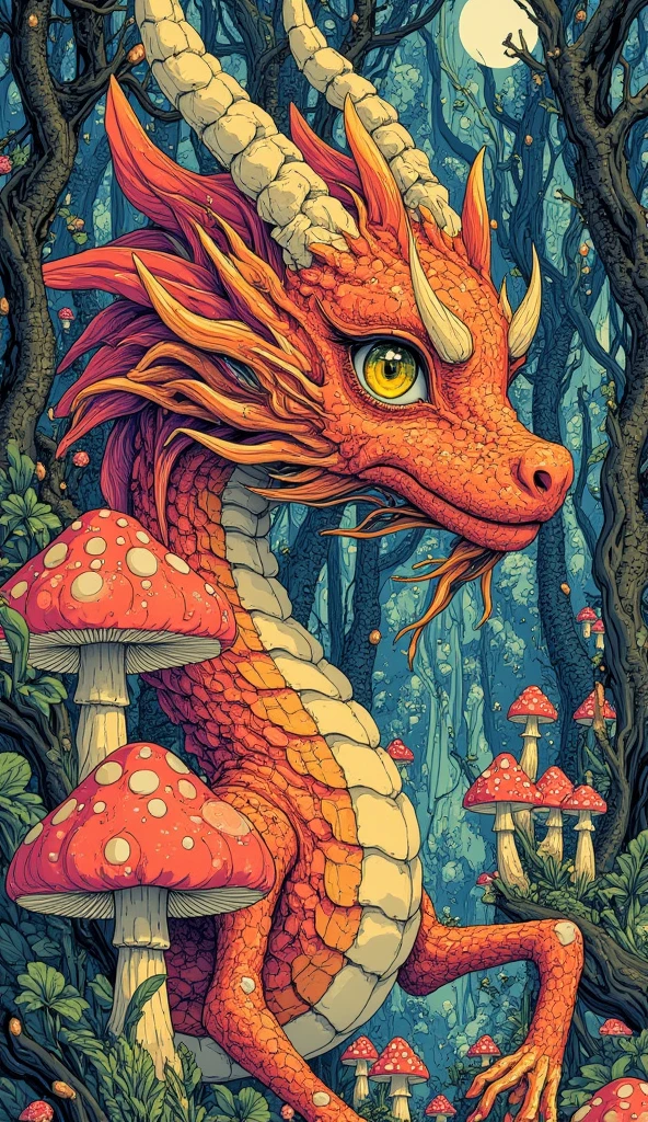 (hybrid,  colorful sketch , vibrant colors, Ultra-detailed), hybrid de Homem com Dragão, Athletic body with red wings, Create an ethereal portrait of a mystical forest Dragon,  embodying the spirit of a creature from Final Fantasy . (The Dragon is portrayed with a shimmering red and yellowish striped scale, casting an enigmatic glow in the faint light of a moonlit forest. Her eyes are a vivid, haunting emerald yellow,  transmitting wisdom and an indomitable ferocity .  The surrounding environment is an exuberant , Fantastic , com imponente, twisted trees and slightly shiny mushrooms Hovering the forest floor. The shape of the Dragon is majestic and surreal,  integrating perfectly with the dreamlike environment .)  in the style of Yoshitaka Amano ,  employing elements of dark fantasy art ,  capturing an artistic and mysterious atmosphere . The composition must counterbalance the Dragon's imposing presence with the intricate fantasy forest,  using delicate , sinuous lines and a play of light and shadow to enhance the supernatural atmosphere.  The atmosphere must be one of reverence and wonder ,  as if the spectator were finding an ancient ,  mythical guardian of the forest . retrofuturist, serious face, Reddish-orange pupils, anatomically correct, intricate details, depth of field, detailed background, excellent quality