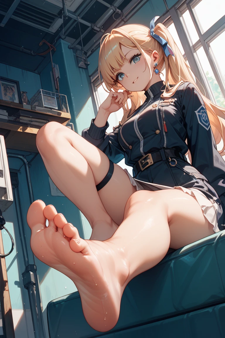 A Female mature robot loves herself. she wears nothing. Her Brown very short pigtails is tied with two big red clothespins, mature, android, blue eyes, full body, Height: 160cm, flushed cheeks, sweat bucket. full body shot, looking straight. Her smile is complete.show White pantie, Looking at the audience, 着ぐるみ