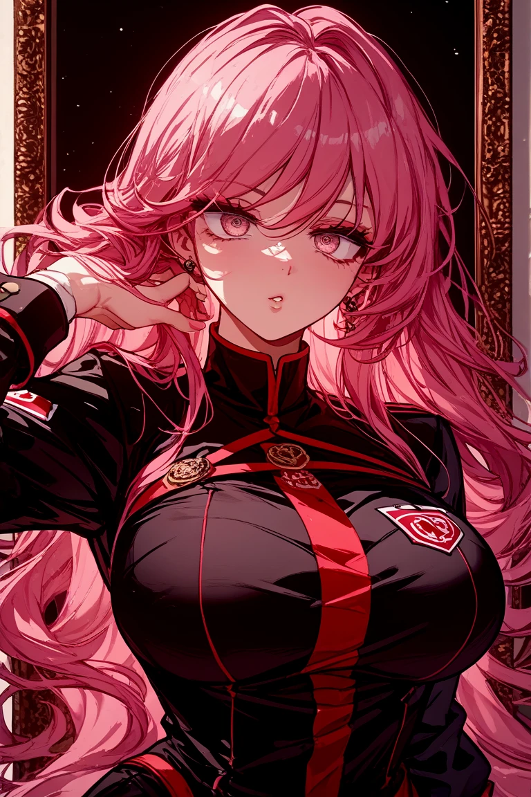 1girl, blonde hair, solo, long hair, red eyes, gloves, multicolored hair, looking at viewer, black gloves, red hair, red background, streaked hair, red lips, upper body, bangs,red theme,bad-girl, large breasts,shiny skin,(mature female),