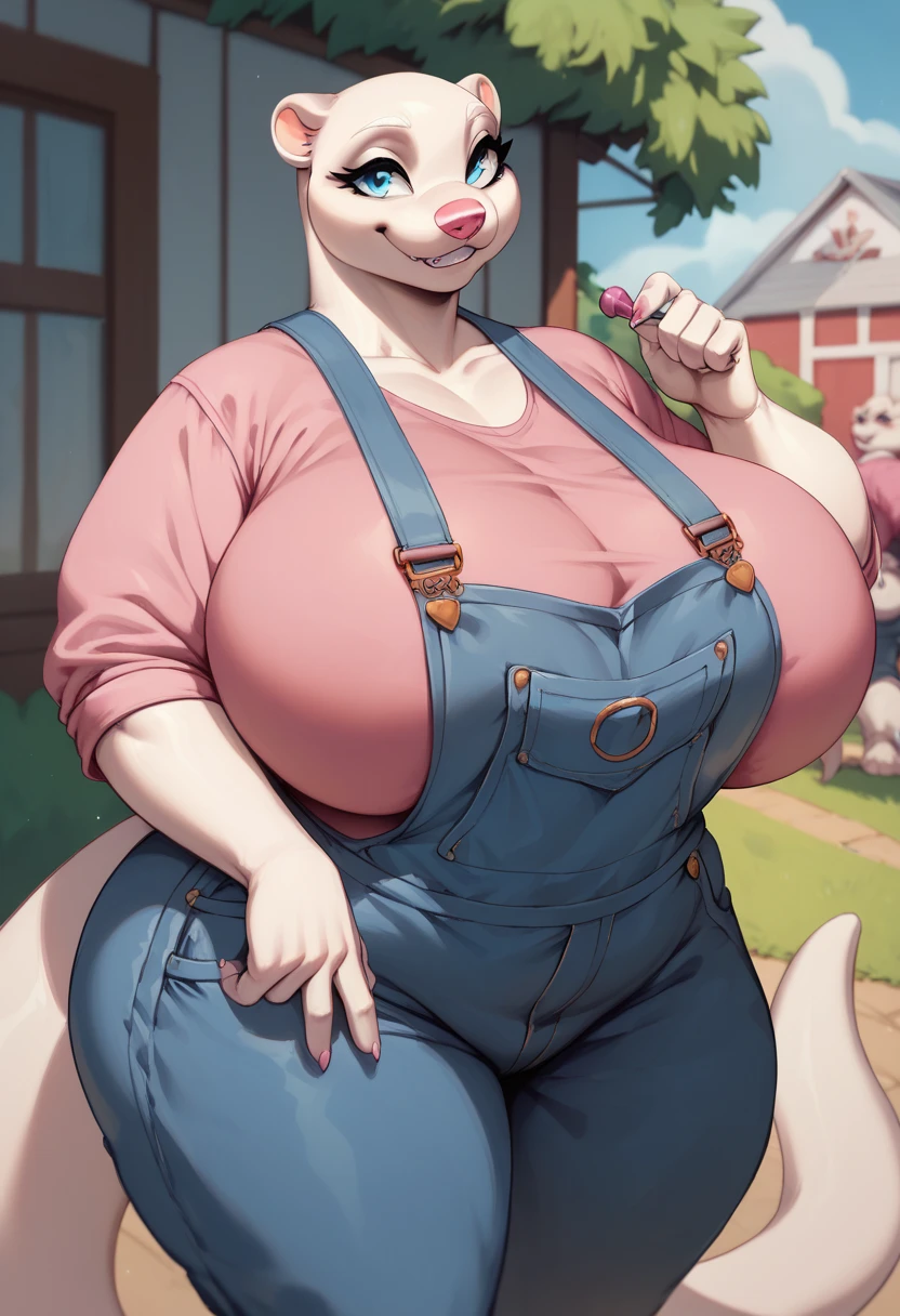 (((((Miltank))))),Masterpiece, high quality, best quality, beautiful, HD, perfect lighting, detailed face, ultra cute face, detailed body, ((1girl)), ((solo)), plaid button up shirt, jeans, leather boots, straw hat, looking at viewer, seductive smile, (blush), affectionate, flirting, medium breasts, cleavage, perky breasts, ((thicc)), (((pudgy))), pudgy tummy, belly overhang, belly rolls, she has a jiggly fat belly, ((((((wide hips)))))), (((((((thick thighs))))))), she has a fat ass, ((tight jeans)), barn in the background, big open sky, farm land, daytime, sunny, farm girl, hand on hip,