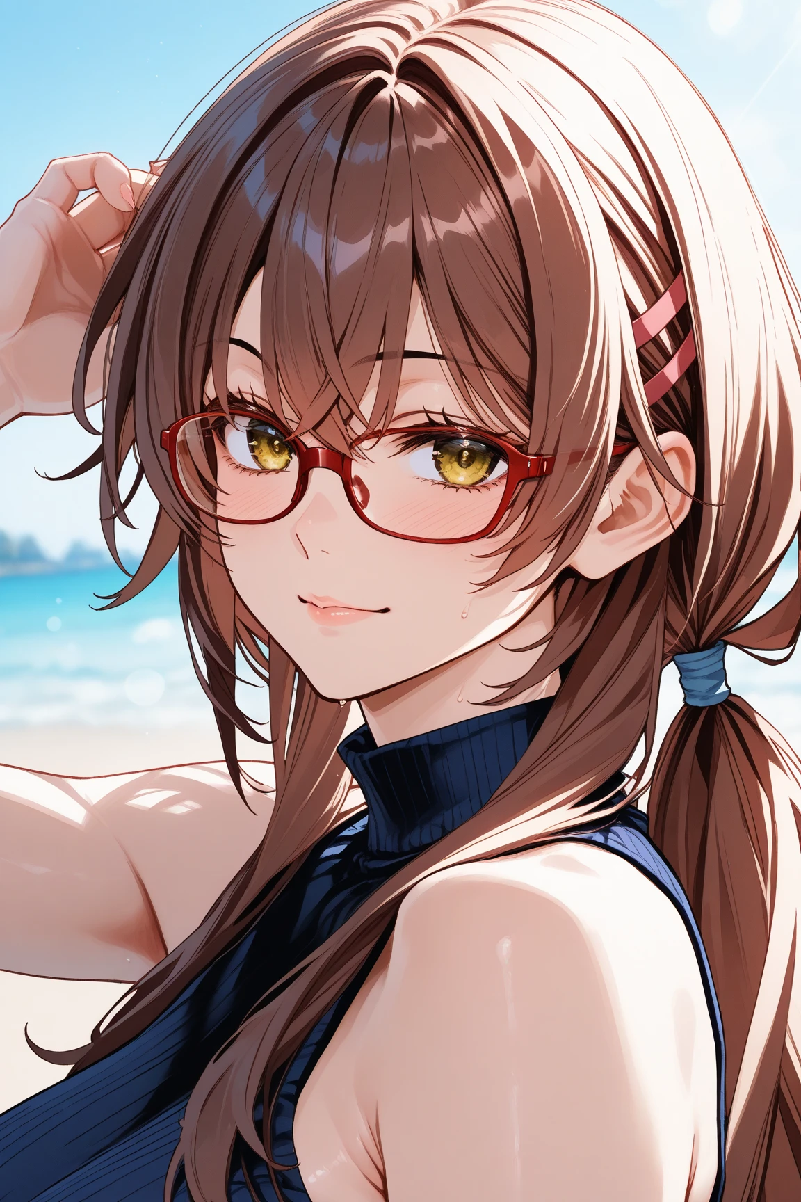 cute、Comical movement、nichijo style、smile、mischief、lure、Expectations、surprise、Shyness、Ocean、blue sky、Daytime、cute girl , Shooting from below, One Girl, Brown Hair、Very short hairstyle, Brown eyes、Red frame glasses、White Bikini,Highest quality, 4K, 8k, High resolution, masterpiece:1.2, Very detailed, Realistic, photoRealistic, photo-Realistic:1.37, High resolution, 超High resolution, Studio Lighting, Ultra-fine painting, Sharp focus, Physically Based Rendering, Very detailed explanation, Professional, Vibrant colors, bokeh