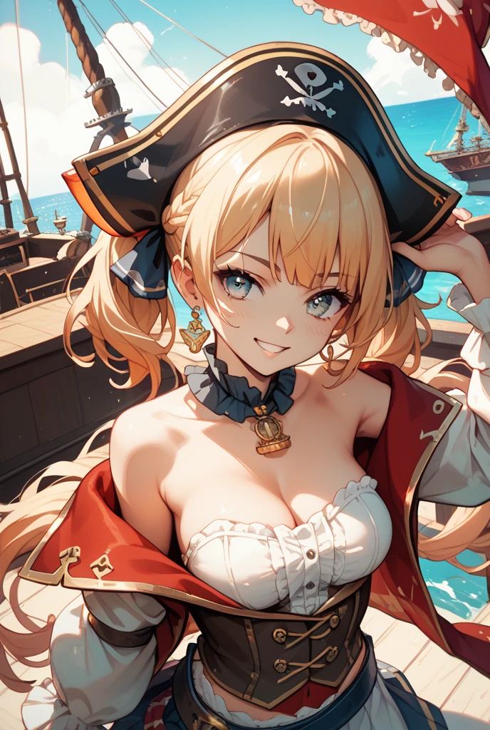 masterpiece, absurdres, best quality, ultra detailed, high Resolution, detailed illustration, bright colour, (extremely beautiful detailed face and eyes, Delicate beautiful face, 1 girl, cute face:1.3), (magenta eyes:1.1), sparkling eyes, big eyes, medium breasts, (perky breasts:1.1), (pointy breasts:1.1), medium hips, glamorous body, white skin, BREAK, long bob cut, (blonde hair:0.8), messy hair, detailed hair, shiny hair, BREAK (undressed, Pirate:1.5), (pirate ship, SEX:1.3), perfect lighting, (embarrassed:1.5), (ecstasy, vulgarity:1.5), (trembling:0.8),
