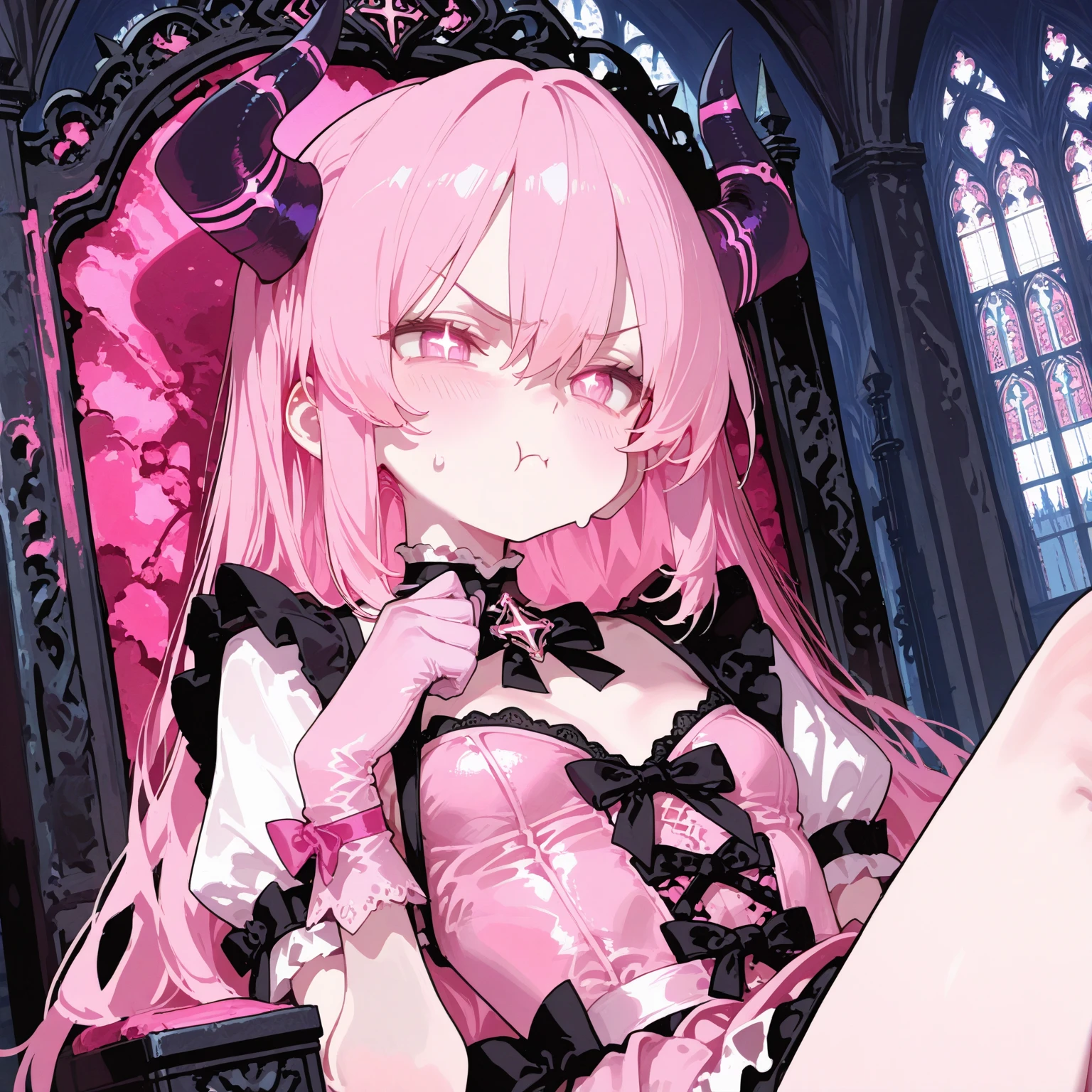 1girl, reincarnated demon lord, long purplish pink hair, red eyes, slim body, loli short height, small chest size, wearing black dress, sitting on throne on top of wreckage, outside post apocalyptic dark era, absurdres, high res, ultrasharp, 8K, masterpiece, looking at viewer