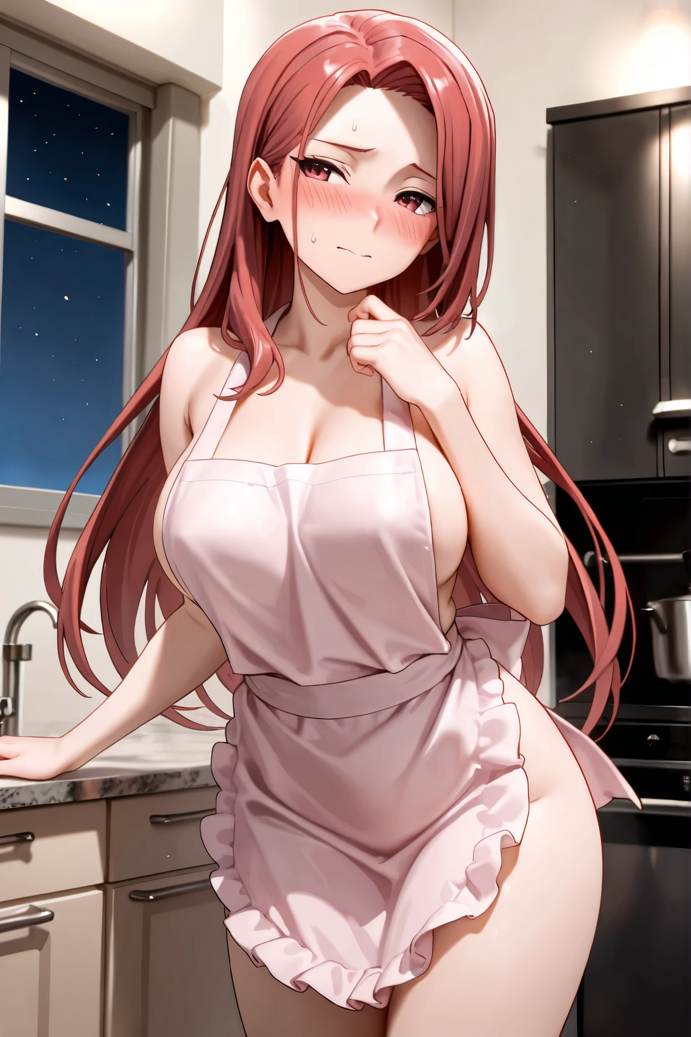 1girl, solo, brown ponytail, naked:1.2, (apron), big tits, thighs, cafe background, smiling, (blushing:1.3), condom in mouth, (breathing:1.3)