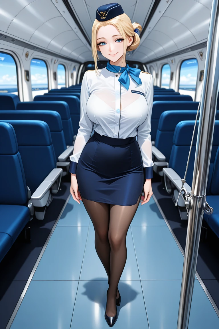 A stewardess, shiny skin, big breasts, cleavage, mini skirt, garter belt, stockings, high heels, sexy, full body, smiling, high resolution, detailed face, beautiful face, perfect anatomy, vibrant color, sexy expression, airport, ultra high qualitu picture, anime style, long black hair, blue eyes, detailed eyes, blushing, one girl