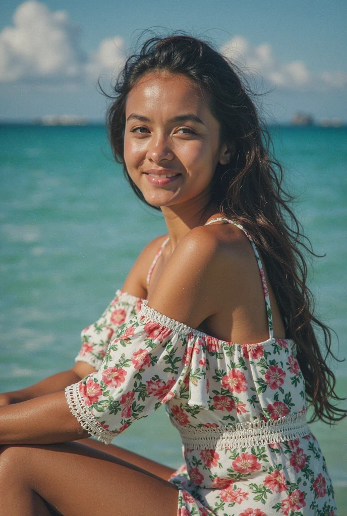A girl with light skin, long brown hair, has sparkling brown eyes, soft red cheeks, medium size, has a happy expression, smiles, stands on the beach in a summer dress, silk with floral pattern, has a straw hat and you find yourself on the beach, medium