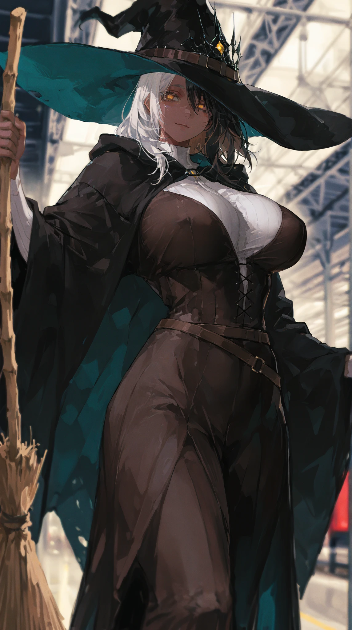 Gobboslut, extremely detailed, (Art Jeremy Lipking), standing, (large breast), (wide hips), surprised look on face, mouth open, woman, , white blouse, ,, big ass, green eyes, black hair, black lipstick, , eyeshadow, skirt, ,full body, holding (knife), closed vest, closed pullover, smile,, flipflops, pants closed, walking ,forest, cloak, , fantasy , rogue class,scarf, full body, walking feet