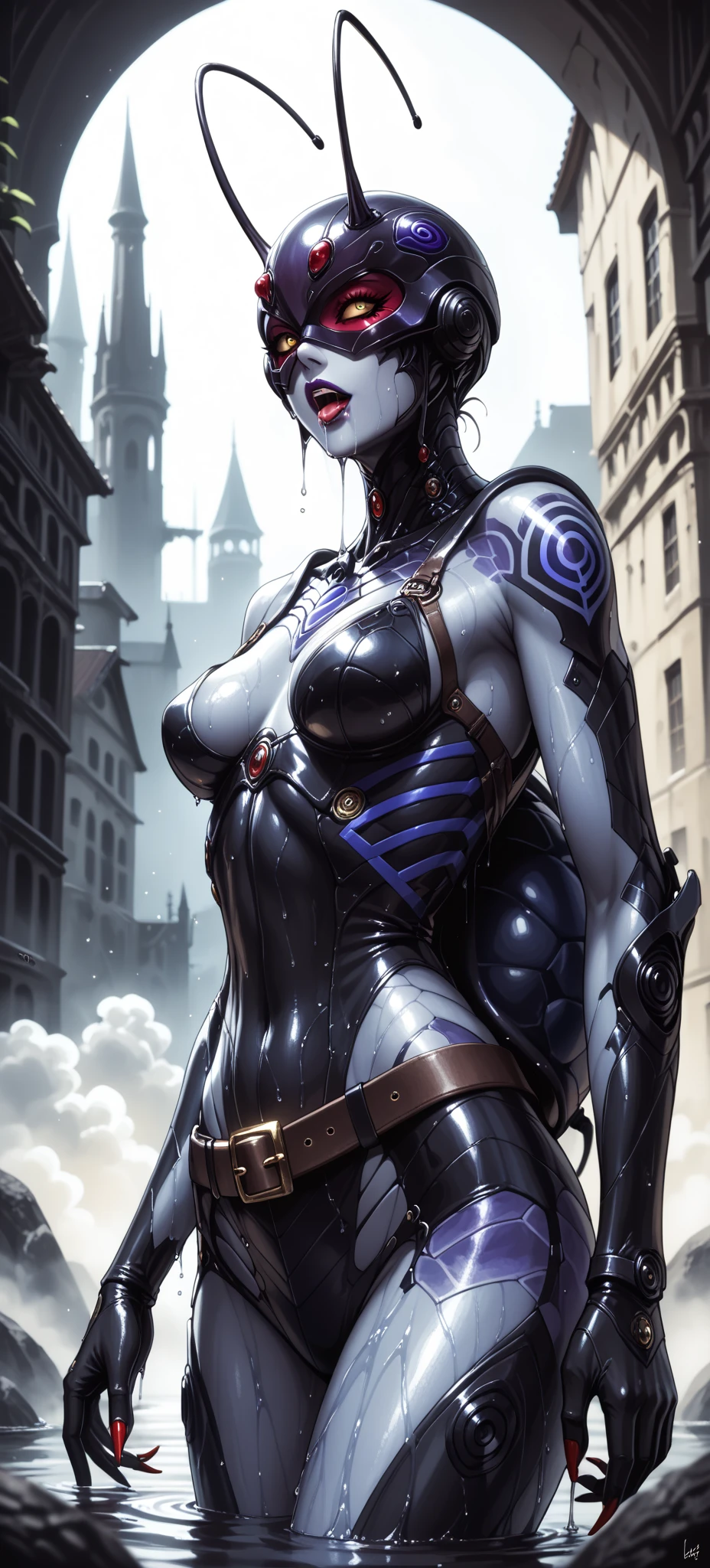 ((Cowboy shot:1.4)) 1 Same Girl , Perfect Beautiful , ((Liara Tsoni))face, seductive face, ((nude woman:1.6, blue-skinned woman)), Athletic Body,  ((huge breasts:1.6)), Extreme Detailed Portrait With Bokeh Effect , Realistic Lighting ,  medieval castle View , Dark Vibe , Crowd , Gothic Makeup , Gothic atmosphere , Posing Like a Model, detailed full body view, Looking off to the side, warm lighting, blue street lamp light((sunset ambiance light:1.0))