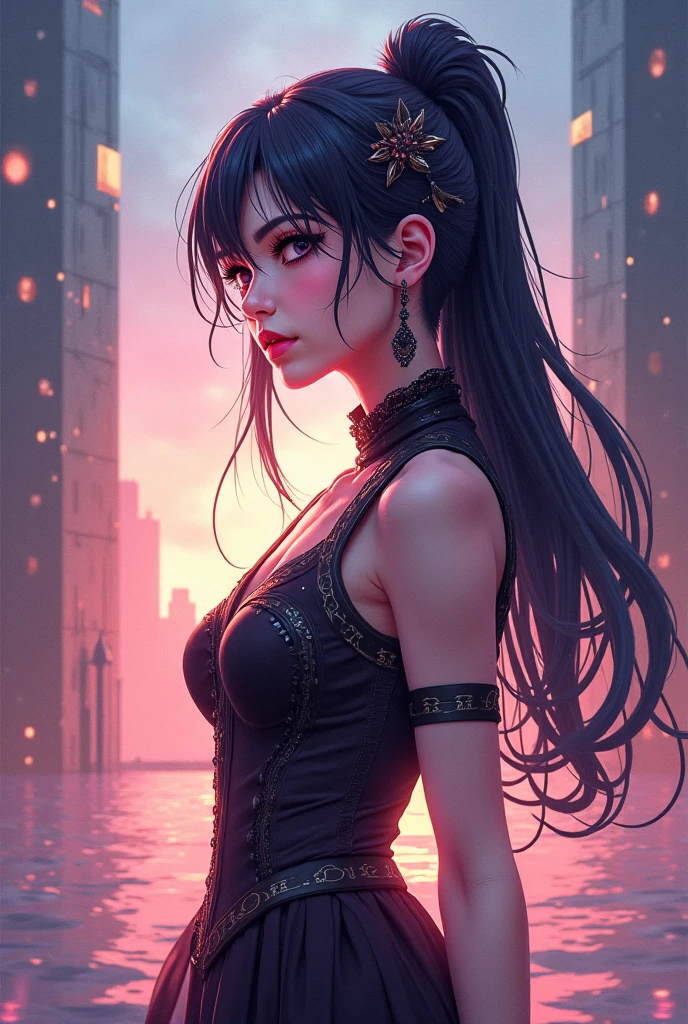 1female,45 yers old,Married Woman,plum,extremely large bosom,(Background with:ponds,Cherry blossom forest,lotus flower)standing on your feet, She has short black hair,seen from the front, mostly cloudy sky,masterpiece,(Very detailed CG unity 8K wallpaper),best quality,cinematic lighting,detailed back ground,beautiful detailed eyes,Bright pupils,Black eyes,Red lip, Very fine and beautiful,Beautiful and detailed eye description, ultra - detailed,masterpiece, facing at camera,A high resolution,ultra - detailed, Vibrant brushstrokes, Emotions should be dynamic, Upper body, Drawing, illustration, golden ratio, 8k cinematic