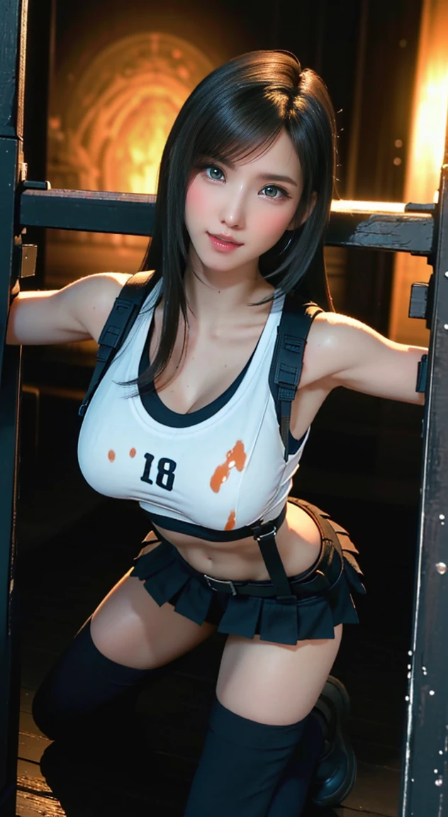 nsfw, (((shirt lift:1.5, showing nipples))), (top quality, masterpiece), (((FF7,Tifa_lockhart))), rocket tits, (((suspender, tank tops, A dark-haired, length hair, elbowgloves))), ((Beautiful detailed red eyes)), (Beautiful highlights of red eyes)), Facial light, navel, High exposure, (((tight mini-skirt))), Exposure of the abdomen. ribs, abs, nsfw, shirt lift:1.5, (showing nipples), (solo), (bar counter), Ultra-detailed face, (((FF7,Tifa_lockhart))), (black brown hair, big breast: 1.8),nsfw, (showing nipples), about 18 years old,kawaii, (seductive smile:1.3), nsfw, shirt lift:1.5, (showing nipples)