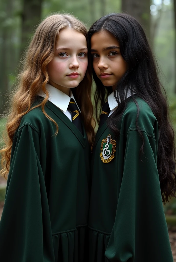 Harry Potter series female,Slytherin House,Brown eyes,Black-brown hair,Necklace with dragon-shaped set emeralds,