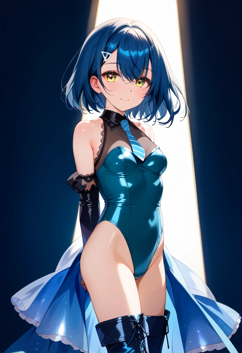 (masterpiece), (highest quality), ((Super detailed))、(super delicate)、Cute naughty Assassin girl、Pastel colors hair、medium breasts、(Thighs, fishnet pantyhose, ninja costume)、Gorgeous、short hair, (dark blue hair), (naked:1.3), (forehead, bangs pinned back, asymmetrical bangs, hairclip, side ponytail:1,2), standard height, (Serious, Large eyes, yuruyuri)