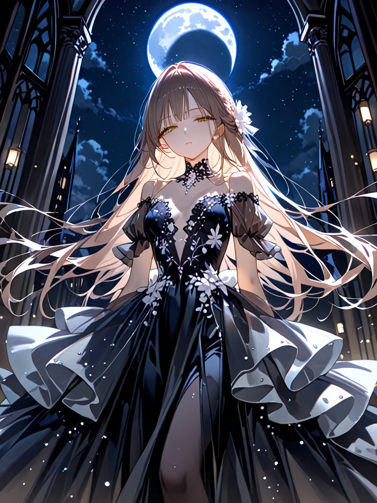 A beautiful girl crying at the bottom of the night, streaked hair, messy hair, long hair, expressive hair, evil smile, Surrealism, cinematic lighting, overexposure, UHD, UHD, masterpiece, textured skin, high details, best quality, highres, award winning,