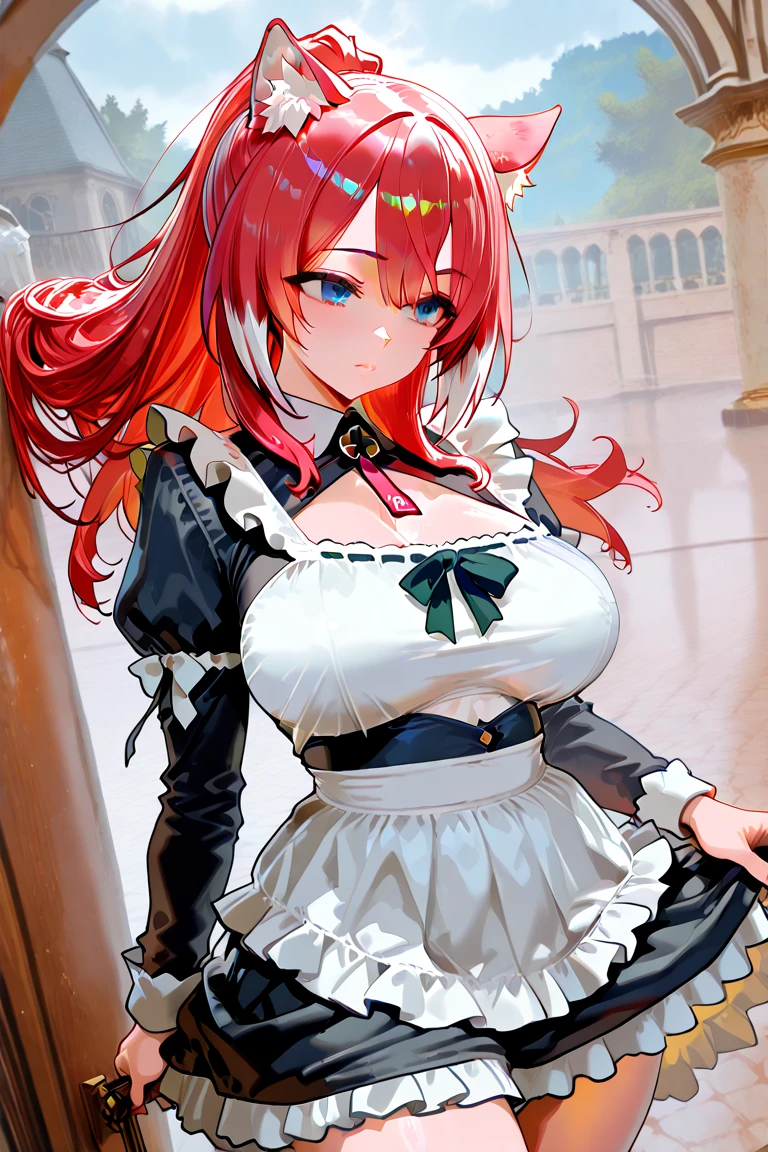 Tabletop, highest quality, Airlive 4, Thighs Thighs Thighs, black Thighs Thighs Thighs, apron, zettai ryouiki, Maid, Maidの頭飾り, Cleavage, Wrist cuff,One girl,,(Spanning the viewer:1.4),Sweaty,Dark basement