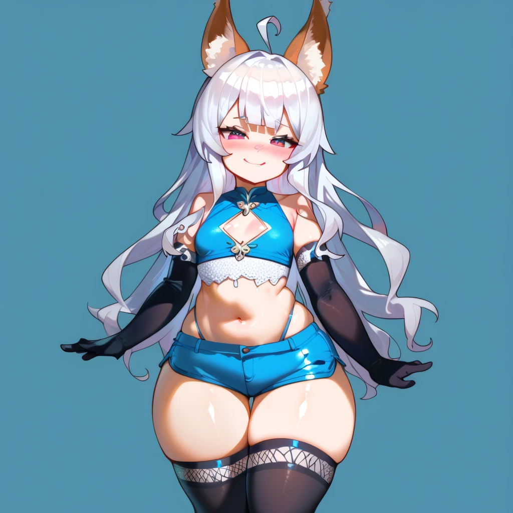 1girl, melusine, blue skin, orange eyes,very long hair, curly ears, smile, blush, nude, looking at viewer, standing, full body, outdoor, bondage outfit
