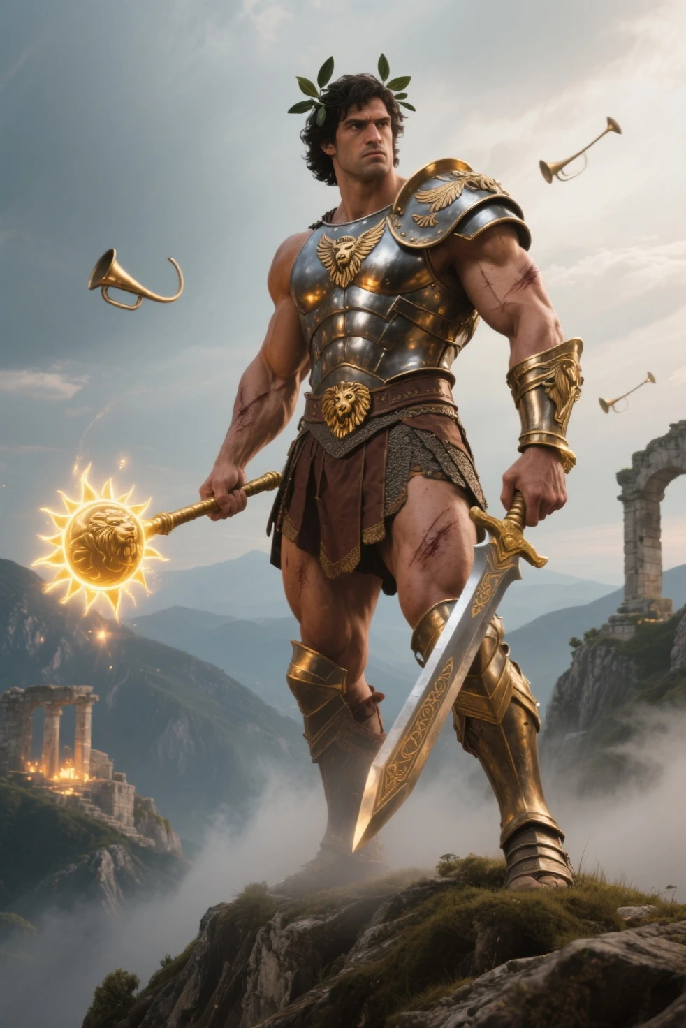 (Masterpiece), (Extreme), (Super detailed), (Full Body), a Viking in golden armor, holding a shield in his left hand, and a hammer in his right hand, full body image, showing his feet, futuristic detailed background, strong man, radiating a golden light of armor, muscular, showing the abdominal muscles, abdominal muscles to show, in attack position, angry expression, show the shield in the foreground, remove birds