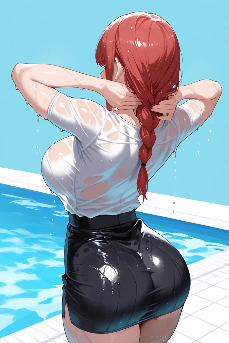 masterpiece, best quality, nsfw,
1girl, straddling, bent over, spread legs,
view from behind, view from below,
big ass, dark blue school swimwear, wedgie, orange hair, embarrassed face,
a lot of sweat, pool,