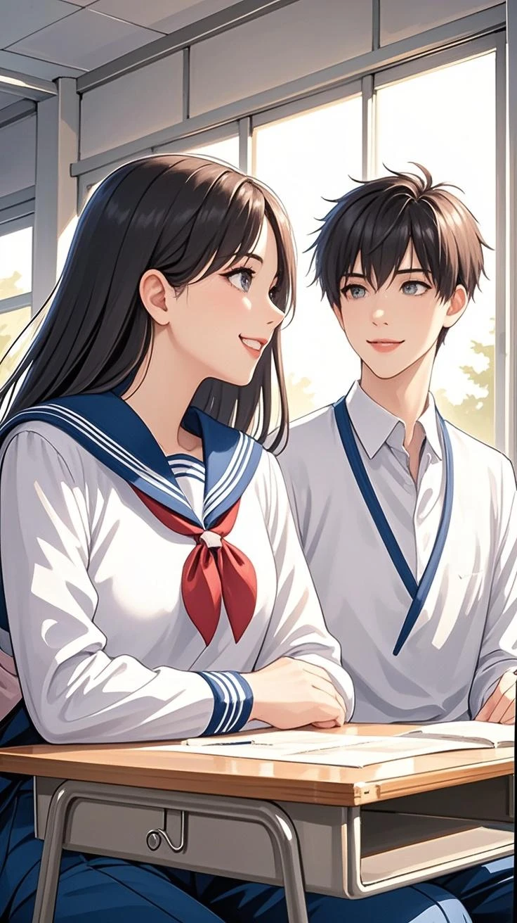 1man with 1woman、（Schoolgirl lying on her back with her head on her boyfriend's lap:1.8)、Schoolboy sitting on sofa、A high school boy staring at Steady with a kind face、High school girl smiling happily。Good balance of the face。The structure of the body is accurate。