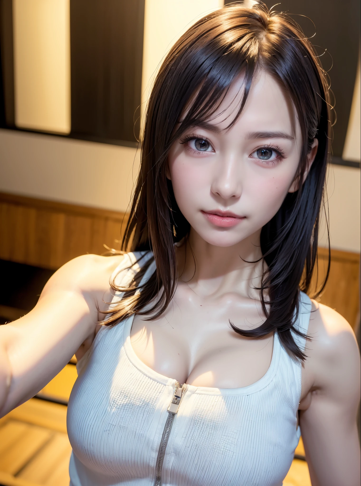 Close-up, (Photorealistic: 1.4), Highest quality, Real, Masterpiece, Ultra delicate beauty, CG, Ultra definition, High resolution, Ultra definition, Depth of field, 1 girl, tifa_lockhart, Beautiful girl detail, Upper body, Real, suspender_skirt, tank_top, taut_shirt, black_hair, long_hair, beautiful detailed red eyes, light on face, saika1