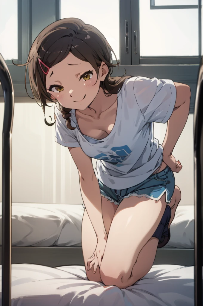 A Female robot is sleeping in forest, spread legs, nude, banzai pose. she wears no dress. She Brown short hair is tied with two big red clothespins, She lifts up the under hem of her white plain dress, leaning over, masterpiece, very short pigtails,brown hair, mature, android, blue eyes, full body figure, Height: 160cm, flushed cheeks, 2020s anime picture, A beautiful robot with short brown hair in two short pigtails held up by two very large huge red clothespins, Uplifting, No NSFW, whole body, barefoot, archaic smile, getting orgasm, 25 years old, sweat bucket.  She can move while doing a handstand.