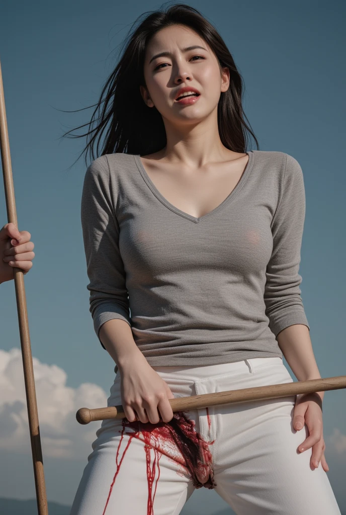 extreme close-up of beautiful korean female, 34 inch breasts size, wearing old torn t-shirt, carry wooden bucket, on the mountain, waterfall is backdrop, UHD