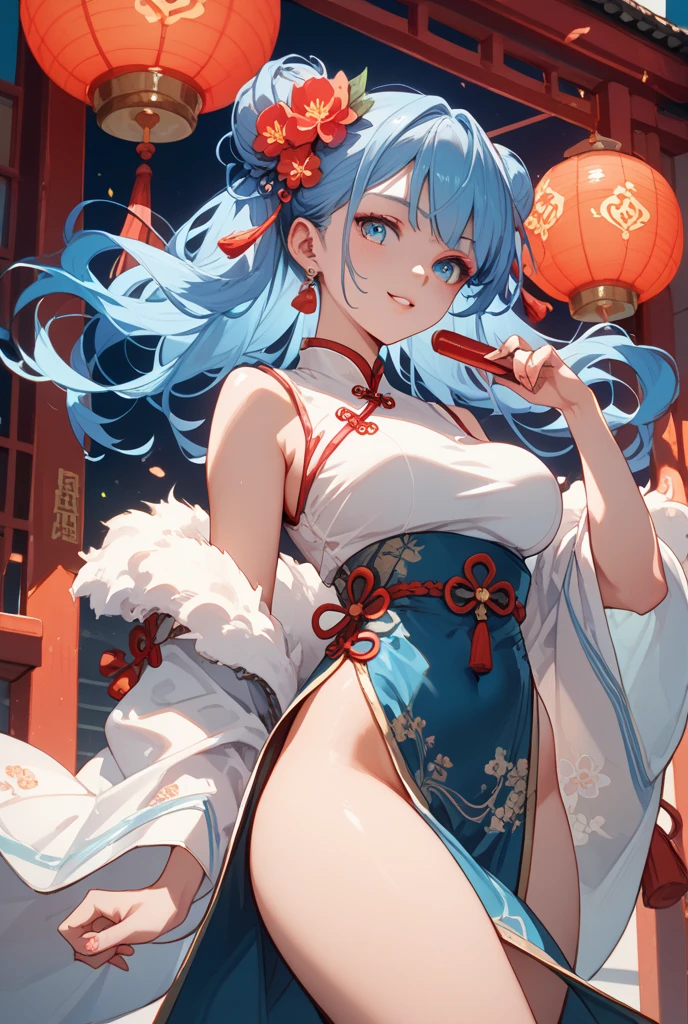 Highest quality、High resolution、Detailed Background、 beauty、Detailed face、Anatomically correct、(Normal number of fingers:1.2)、(Huge breasts:1.2)、cute hair color、Bun Hair、Perfect body line、(Lively girl dancing at the Bon Odori festival:1.5)、(Dance with your fingers together, hands together and raised high:1.5)、night、Festivals、A big smile、Cute patterned yukata、dancing lively、Waving your hands back and forth、Waving your hands left and right、Coordinated hand and foot movements、Traditional Japanese summer festivals、Bon Odori is held at night, so lanterns and other lights are lit up, creating a fantastic atmosphere.、cute
