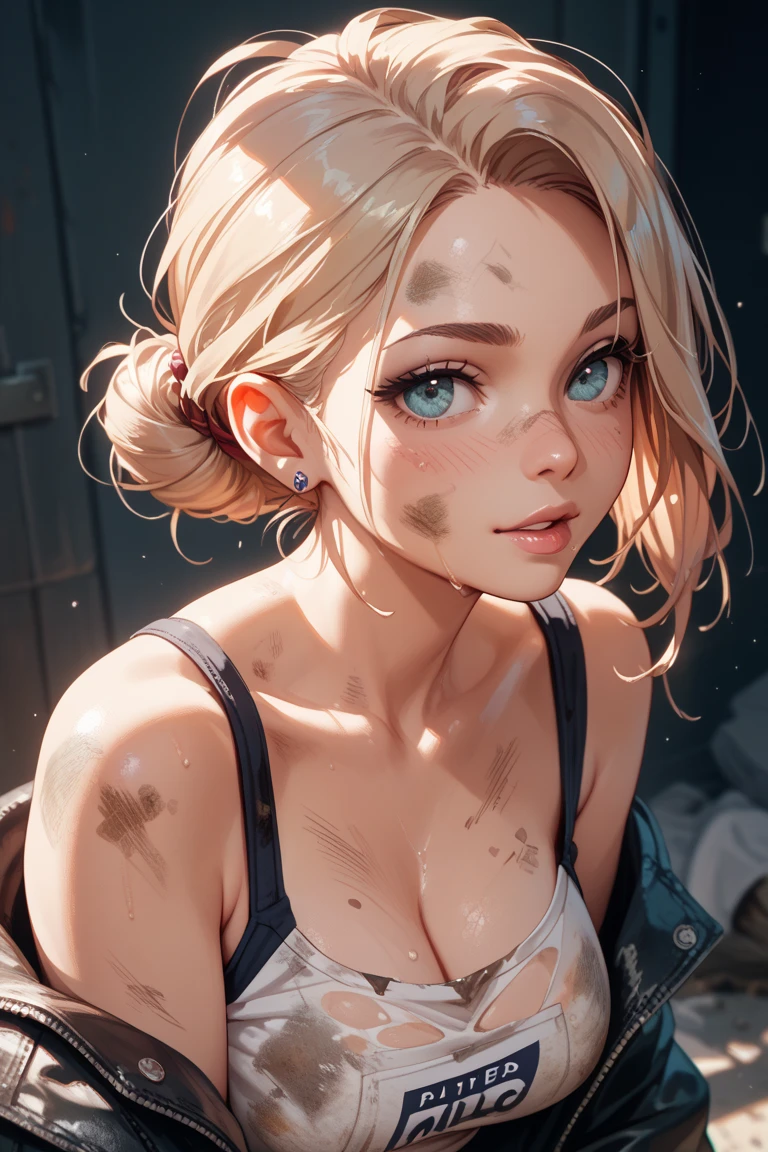 hyper real photo of ((woman inside a cluttered barn wearing sexy worn-out torn cotton tanktop)), ((detailed realistic face and eyes)), cinematic lighting, 8k resolution, (modelshoot style), sunset, (from_below:1.4), natural breasts