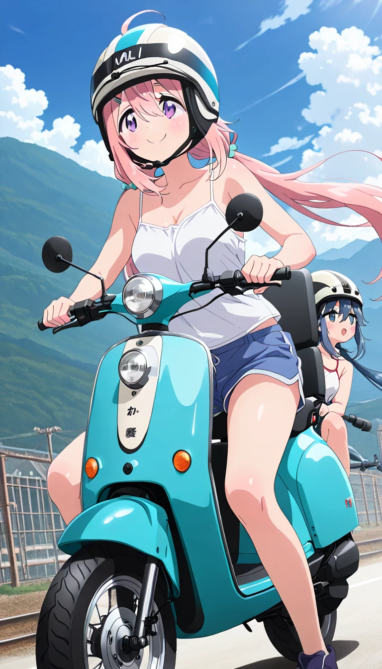 (score_9, score_8_up, score_7_up), lum, solo, long hair, bangs, green hair, blue eyes, aqua hair, tiny horns, eyeshadow, breasts, small breasts, looking at viewer, blush, teasing smile, (masterpiece), perfect sexy female body, (sexy and seductive pose:1.3), street, mountain, EPsoaSinon, short hair, aqua hair, aqua eyes, hair between eyes, (hair ornament:1.2), hairclip, sidelocks, riding, business suit, black pants, white collared shirt, kanedabike, bigscooter,
