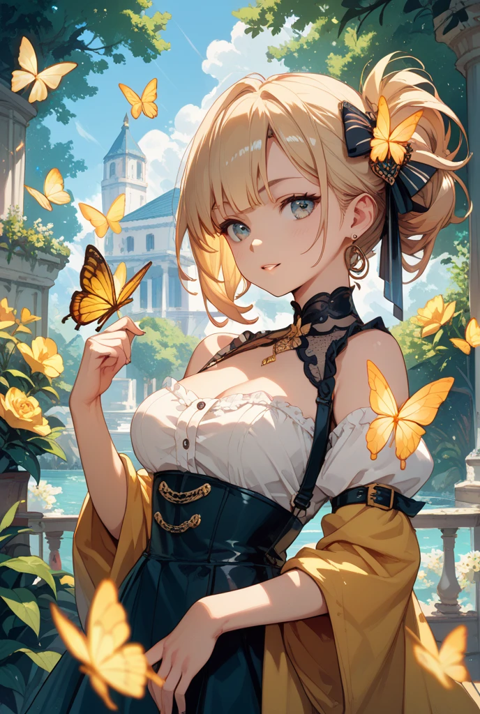 girl on her back, lots of lighting, corona, monarch butterflies,